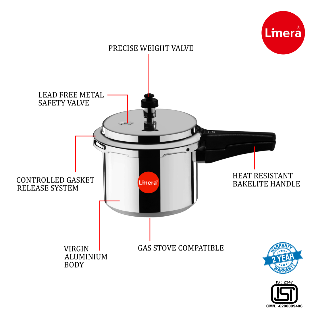 Limera Ixora Plus Aluminum 3 Liters Gas and Induction Compatible Outer Lid Pressure Cooker (Silver)
