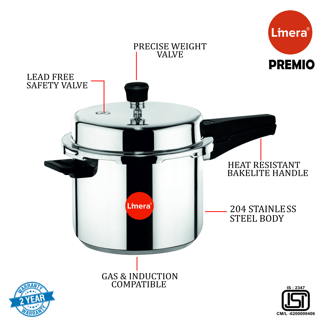 Limera Premio 2 Liters Stainless Steel Gas and Induction compatible Pressure Cooker (Silver)